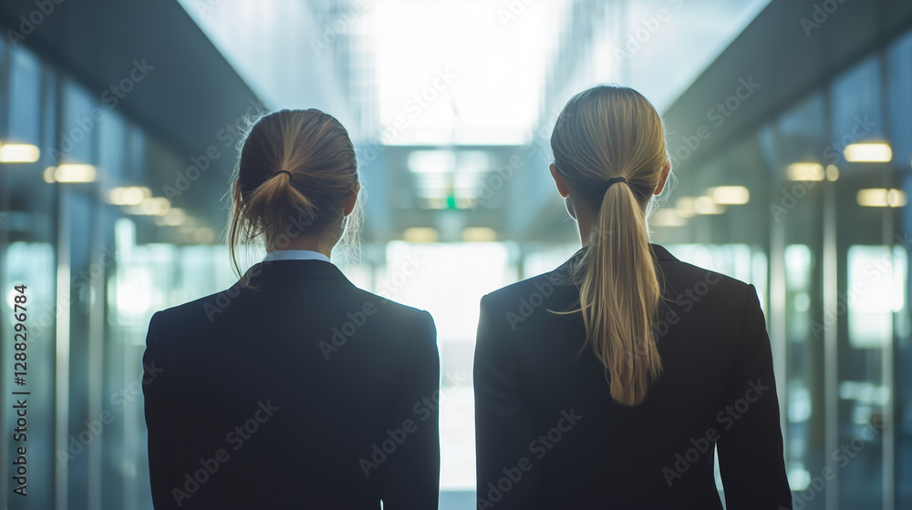 Two women in business attire walk confidently through a modern office hallway, symbolizing success and professional collaboration. Two women in business attire walk confidently through a modern office hallway, symbolizing success and professional collaboration.