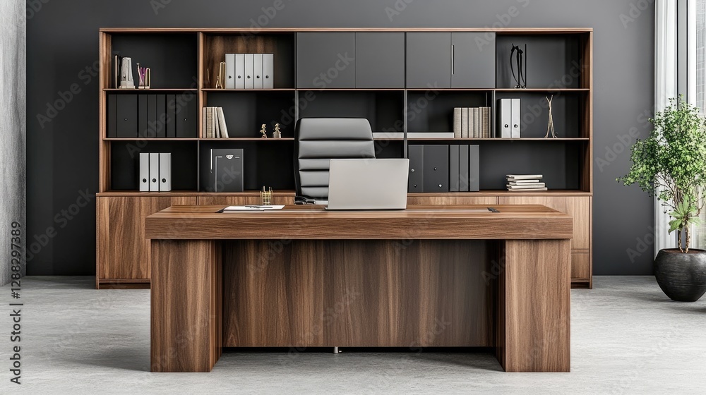 A stylish office space with a wooden desk and elegant wooden bookshelves. A stylish office space with a wooden desk and elegant wooden bookshelves.