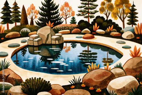 beautiful pond in the green natural forest with trees and stones
