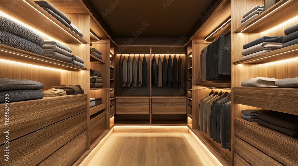 Obraz premium A stylish walk-in closet with wooden shelves and elegant lighting.