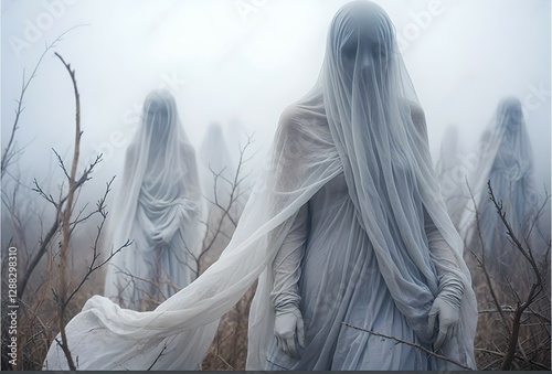 Behold ethereal metamorphosis of terrain, as a snowstorm descends, veiling surroundings in a mystical shroud of opalescent white, obscuring all visibility