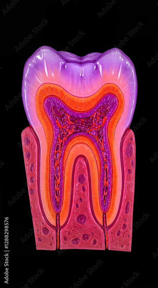 Colorful illustration of a tooth with vibrant cross-section details Colorful illustration of a tooth with vibrant cross-section details