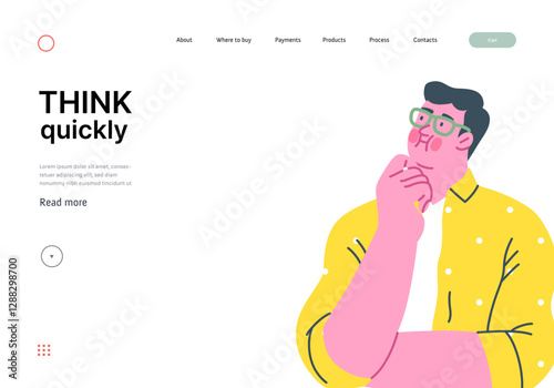 Thinking people, modern flat vector concept illustration- man standing thoughtfully, looking upwards. Metaphor for reflection, analysis, introspection, contemplation, deep thought