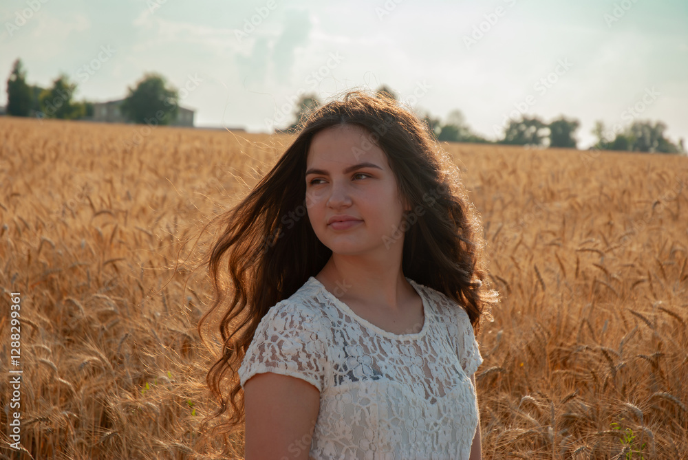 Tranquil summer day in a wheat field with a pensive woman in white lace dress. Harvesting concept Tranquil summer day in a wheat field with a pensive woman in white lace dress. Harvesting concept