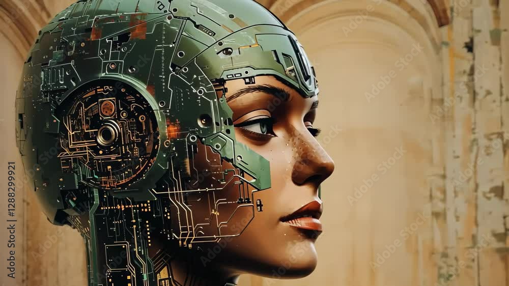 A futuristic robotic head design showcases advanced technology, blending human features with intricate circuit patterns in a warm-toned setting inspired by architectural elements