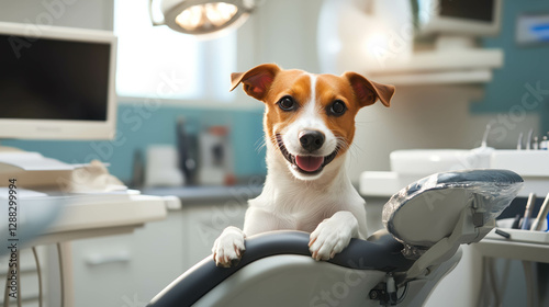 A Jack Russell Terrier sitting cheerfully in a dental chair in a modern clinic. The bright and clean environment with dental tools creates a humorous and charming scene. Concept of pets and health.
