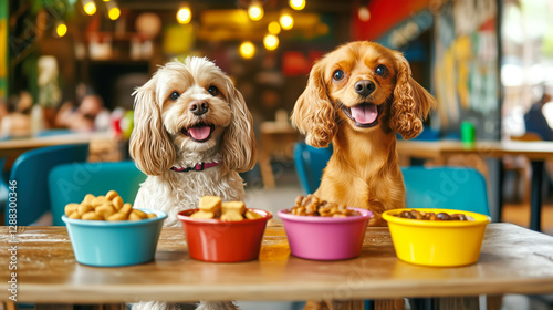 portrait of two beautiful funny cute dogs Cavalier King Charles Spaniel in romantic dating sitting in dog restaurant, on table several bowls with different food, the dog is contented and happy,