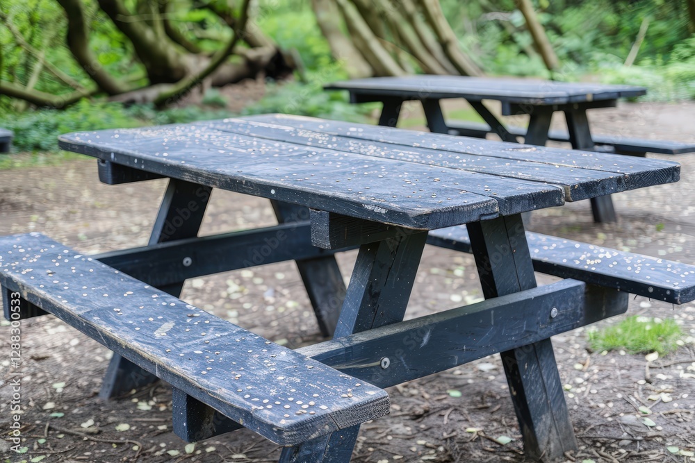 A wooden picnic table with two benches sits in a grassy area A wooden picnic table with two benches sits in a grassy area