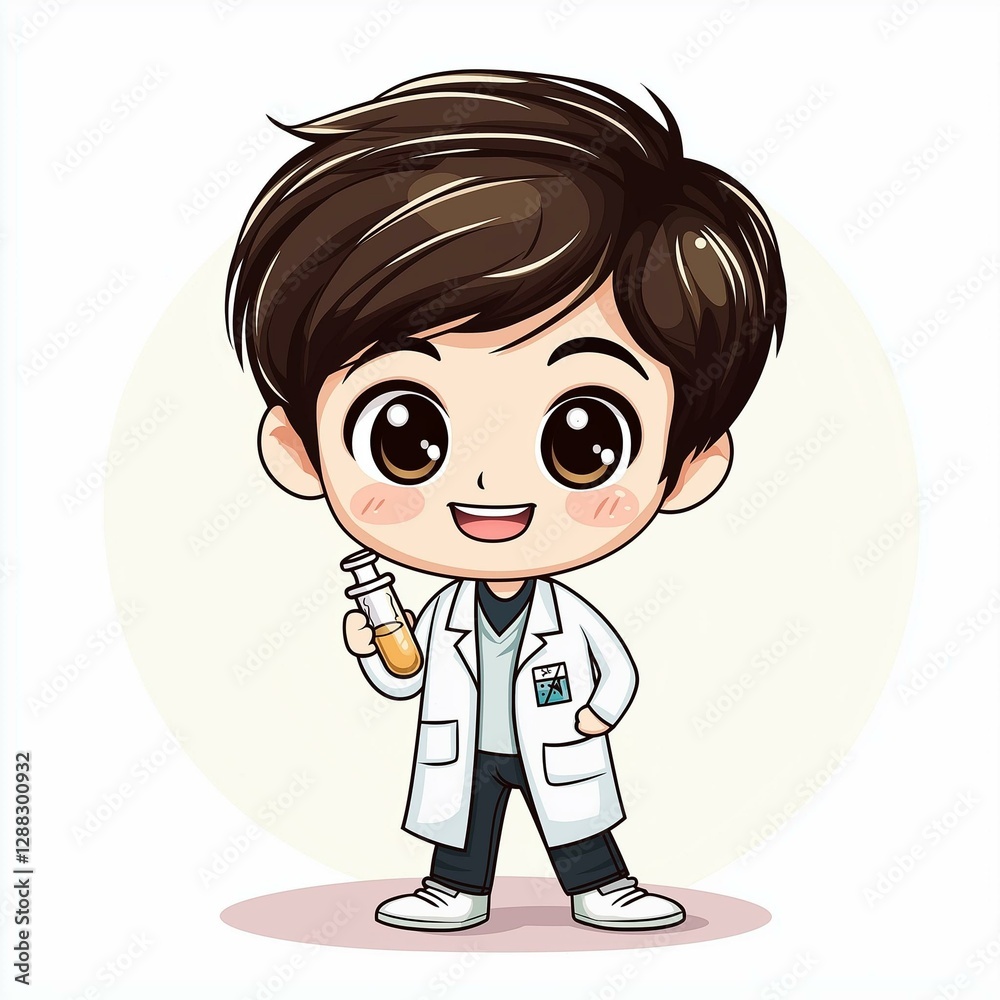 A cheerful young scientist character holding a test tube, perfect for educational and fun projects. A cheerful young scientist character holding a test tube, perfect for educational and fun projects.