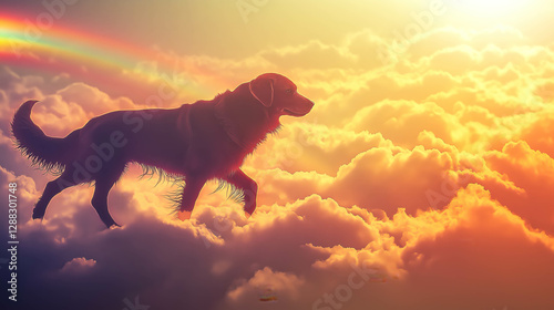 An illustration of a dog standing on golden clouds under a radiant sky with a faint rainbow in the background, symbolizing peace and eternity. Concept of pet loss.