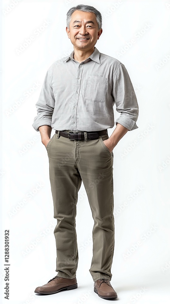 Fototapeta premium A confident middle-aged man posing in casual attire with a friendly smile on a clean backdrop.