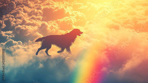 An illustration of a dog joyfully running among glowing clouds with a vibrant rainbow in the foreground, symbolizing freedom and hope. Concept of pet loss.