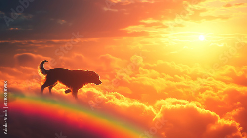 An illustration of a dog walking on a cloud under a glowing sunset with a faint rainbow in the foreground, symbolizing peace and remembrance. Concept of pet loss.