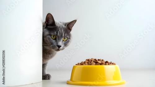 Gray Tabby’s Hesitant Glance at a Bright Yellow Food Bowl