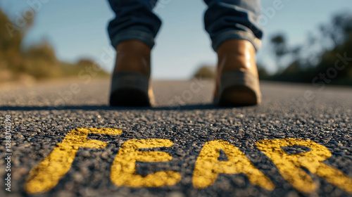 Overcoming anxiety, Stepping over word fear on road, symbolizing courage and resilience