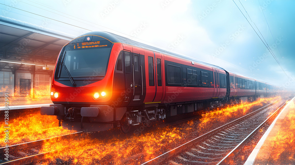 Obraz premium Fiery Train on Platform at Dawn