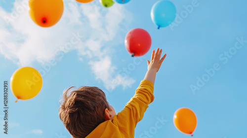Overcoming anxiety, child reaching for colorful balloons in bright blue sky