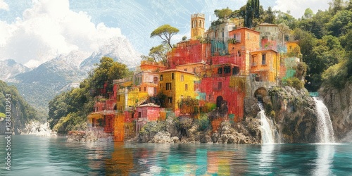 Colorful buildings cascade down a cliffside into the water