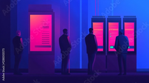 financial inclusion banking digital, a high-tech city street with people making contactless payments, using smart banking devices.