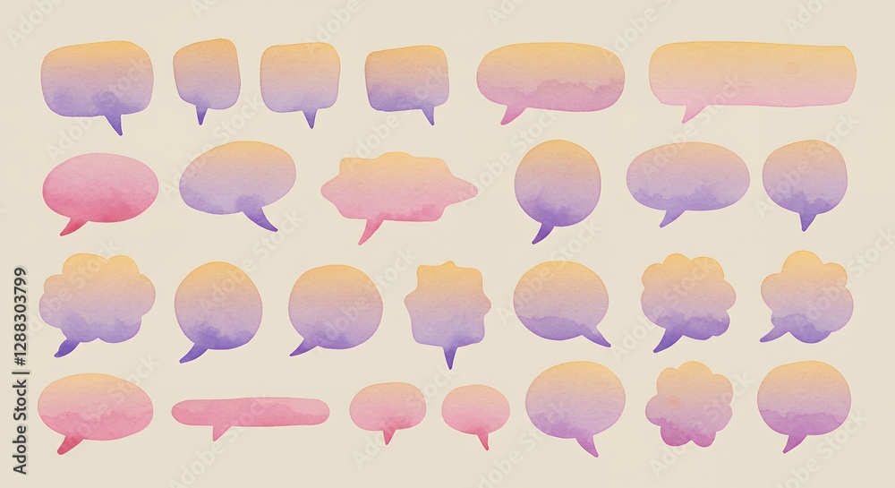 A set of watercolor-style speech bubbles with soft textures and pastel colors, perfect for elegant and natural-themed online shops. The bubbles have an artistic hand-painted look, with no text inside A set of watercolor-style speech bubbles with soft textures and pastel colors, perfect for elegant and natural-themed online shops. The bubbles have an artistic hand-painted look, with no text inside