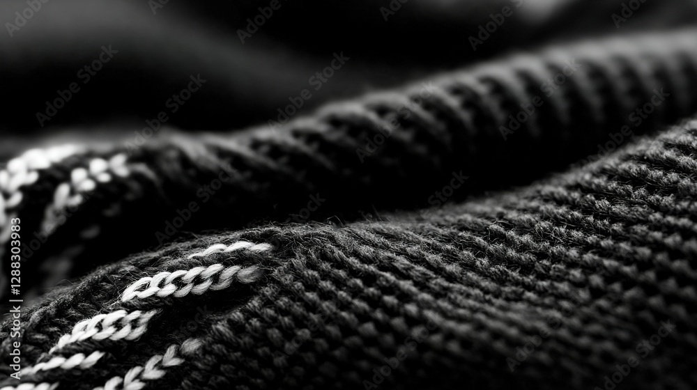 A high-resolution image of a monochrome photograph featuring a cozy knitted sweater adorned with a crisp white embroidery stitch at its back A high-resolution image of a monochrome photograph featuring a cozy knitted sweater adorned with a crisp white embroidery stitch at its back