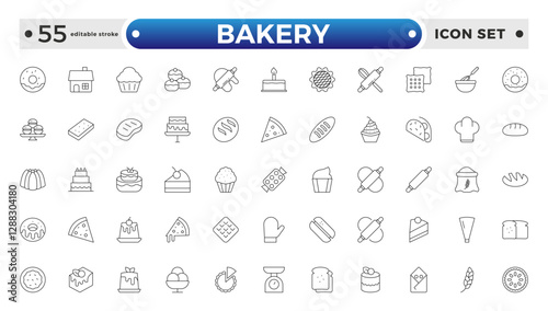 Bakery and dessert outline icon. Contains such Icons as cookie, pudding, oven, kitchen tools, doughnut, bread, macaroon, muffin And Other Elements. customize color.  Editable stroke outline icon. 
