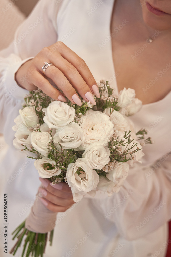 bride lovingly arranges her stunning white bouquet, filled with delicate flowers and greenery, moments before her wedding ceremony amidst an elegant backdrop bride lovingly arranges her stunning white bouquet, filled with delicate flowers and greenery, moments before her wedding ceremony amidst an elegant backdrop