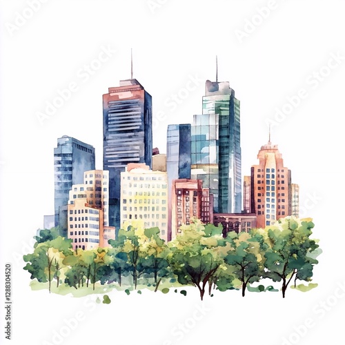Wallpaper Mural Watercolor drawing cityscape skyscrapers downtown, buildings and trees, watercolor painting. Big city Torontodigital.ca