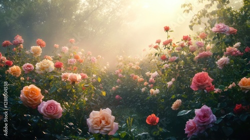 Field of pink roses in soft sunlight with mist creating a dreamy, natural atmosphere. Lush blooming flowers and green leaves in an outdoor garden setting. Generative AI