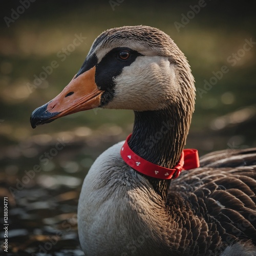 A goose wearing a tiny elegant ribbon around its neck.
