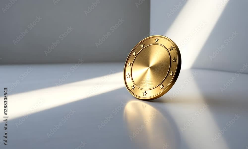 Golden coin, sunlit corner, reflective surface, finance concept