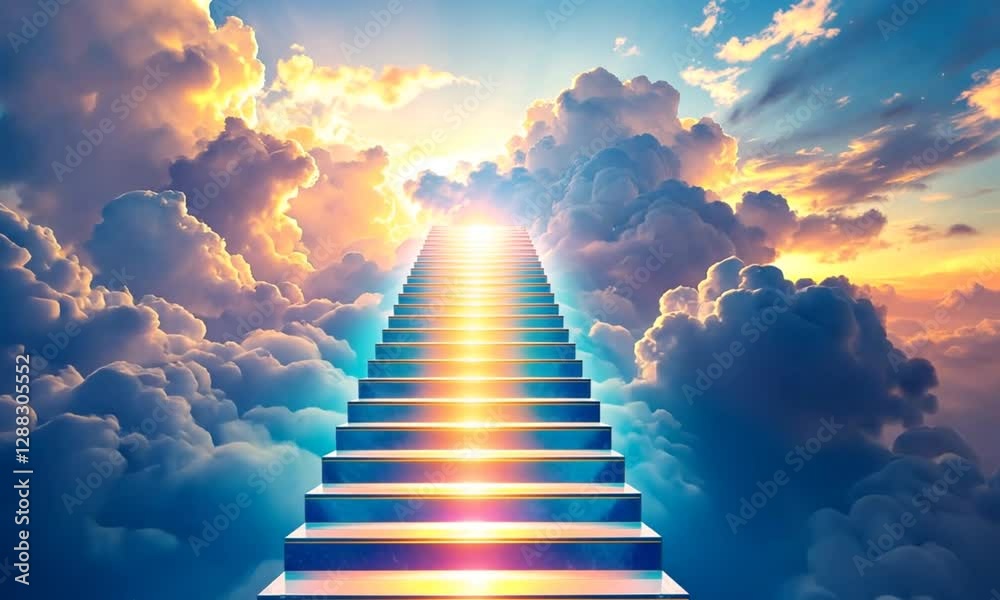 Heavenly stairway ascending through clouds; sunset background. Spiritual, religious, hope concept