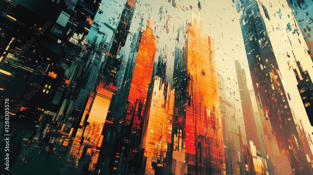 Naklejka premium Abstract urban art with bold strokes of red, yellow, and black creating a futuristic cityscape. Geometric shapes and layered textures evoke a dynamic and chaotic atmosphere. Generative AI