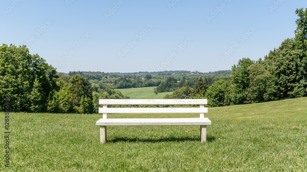 Scenic park bench overlooking rolling hills, peaceful summer day, relaxation Scenic park bench overlooking rolling hills, peaceful summer day, relaxation