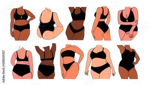 Set of curvy woman bodies different skin color vector colored line art drawing. Plus size beautiful girls in bikini, underwear. Body positive abstract minimalist illustration