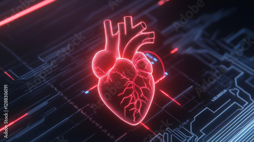 A digital representation of a human heart glows in red against a backdrop of high-tech circuitry. The design showcases intricate details, merging biology with advanced technology in a captivating way