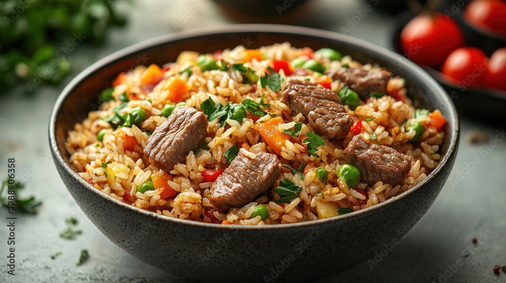 beef fried rice featuring tender strips of marinated beef, red bell peppers, and green peas, with a drizzle of soy sauce beef fried rice featuring tender strips of marinated beef, red bell peppers, and green peas, with a drizzle of soy sauce