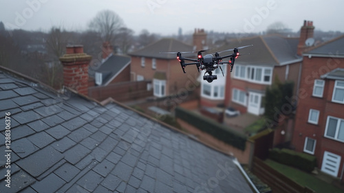 A drone hovers above a slate roof, surveying a quiet residential area filled with houses. The day is cloudy, indicating a cool atmosphere in the suburban setting