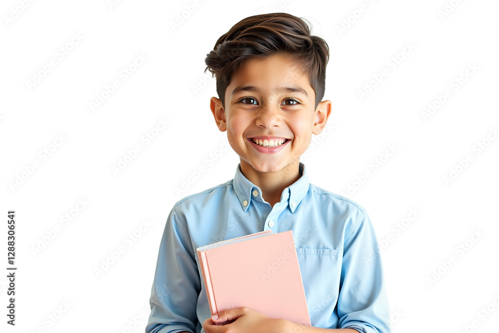Smiling young boy portrait holding book, light blue shirt, hazel-green eyes, brown hair, cheerful, natural, photorealistic. Isolated on transparent background for education, school projects, Smiling young boy portrait holding book, light blue shirt, hazel-green eyes, brown hair, cheerful, natural, photorealistic. Isolated on transparent background for education, school projects,