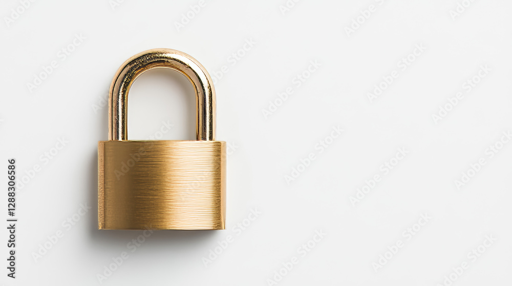 A golden padlock sits prominently on a clean white surface, symbolizing security and safety. Its polished design reflects light, drawing attention to the concept of locking away valuables A golden padlock sits prominently on a clean white surface, symbolizing security and safety. Its polished design reflects light, drawing attention to the concept of locking away valuables