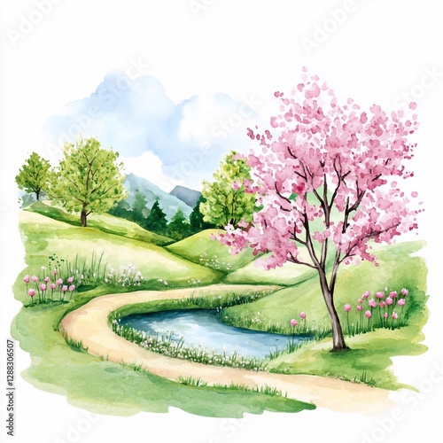 Wallpaper Mural Spring landscape. Watercolor illustration drawn by hand. Watercolor nature. Sunny landscape, natural background with fields, meadows, forests, mountains and flowers Torontodigital.ca