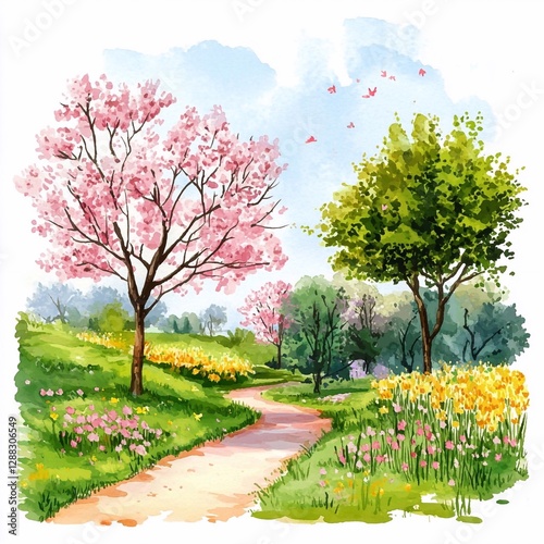 Wallpaper Mural Spring landscape. Watercolor illustration drawn by hand. Watercolor nature. Sunny landscape, natural background with fields, meadows, forests, mountains and flowers Torontodigital.ca