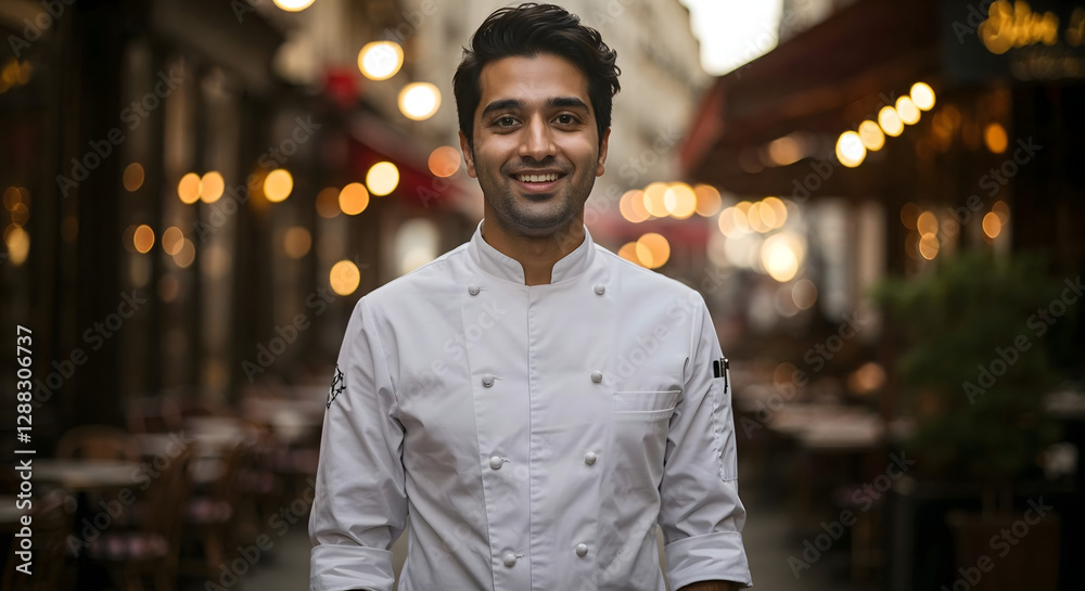 Fototapeta premium Smiling chef in white uniform standing in a cozy restaurant street