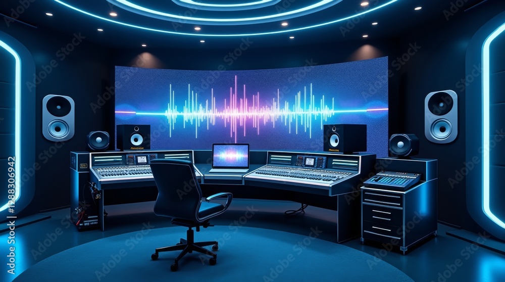 Futuristic high-tech music studio with sleek design, neon lights, audio equipment, and soundwave display. Ideal for music production, recording studios, and tech enthusiasts.