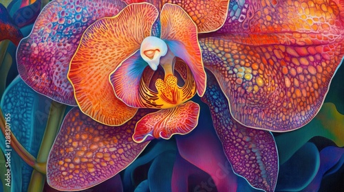 Vibrant abstract floral artwork featuring a large multicolored orchid with intricate patterns. Surreal, colorful botanical elements, artwork exotic bold, artistic creativity. Generative AI