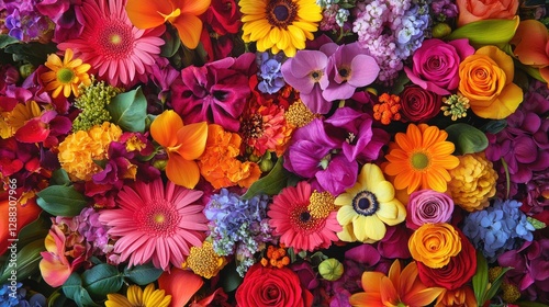 A vibrant floral bouquet featuring a variety of flowers such as roses lilies and dahlias, arranged in a decorative centerpiece. Bright colors lush greenery festive or romantic occasions. Generative AI