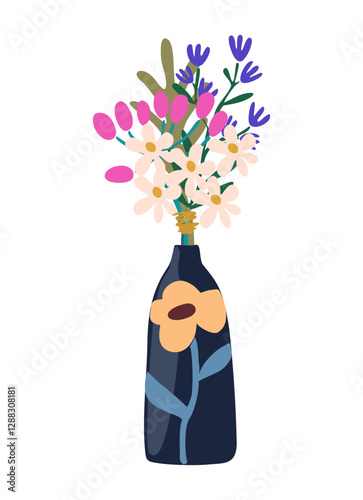 Gorgeous blooming flowers in vase isolated on white background. Wildflowers bouquet, decorative floral design element for cards, wall arts. Cartoon colorful vector illustration. Digital sticker.