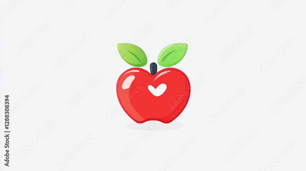Red apple heart design, leaves, white background, healthy eating Red apple heart design, leaves, white background, healthy eating