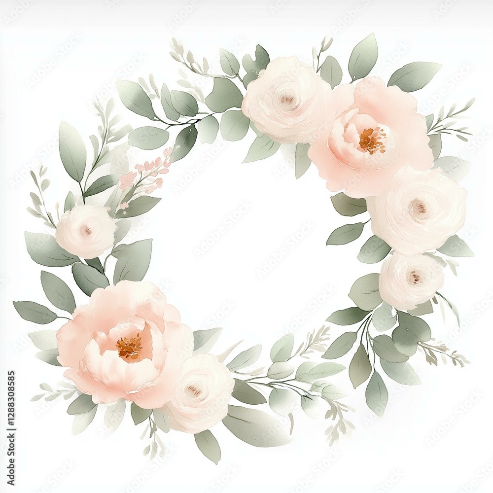 Naklejka premium Elegant floral wreath featuring soft pink flowers and lush greenery, perfect for wedding invitations or decor.