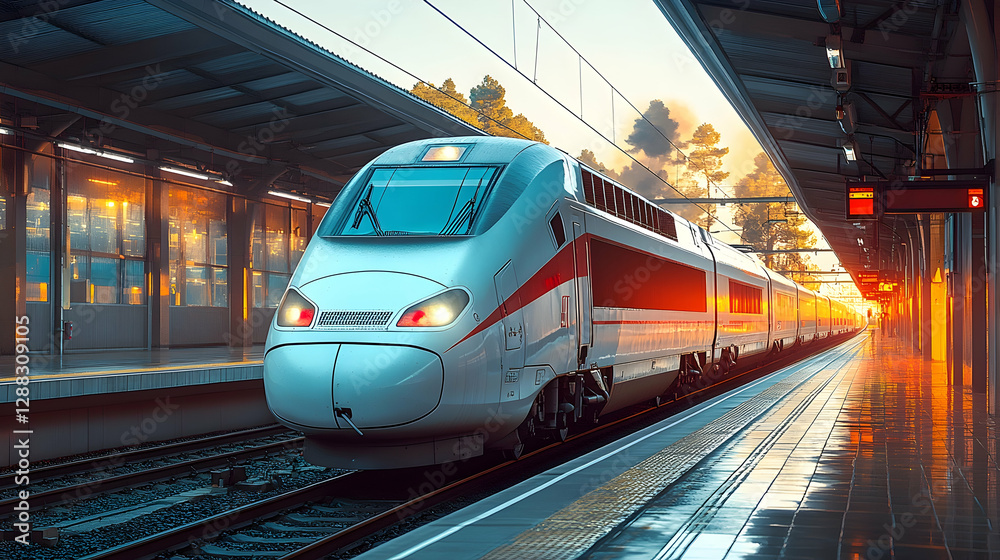 Fototapeta premium High-Speed Train at Station Sunrise